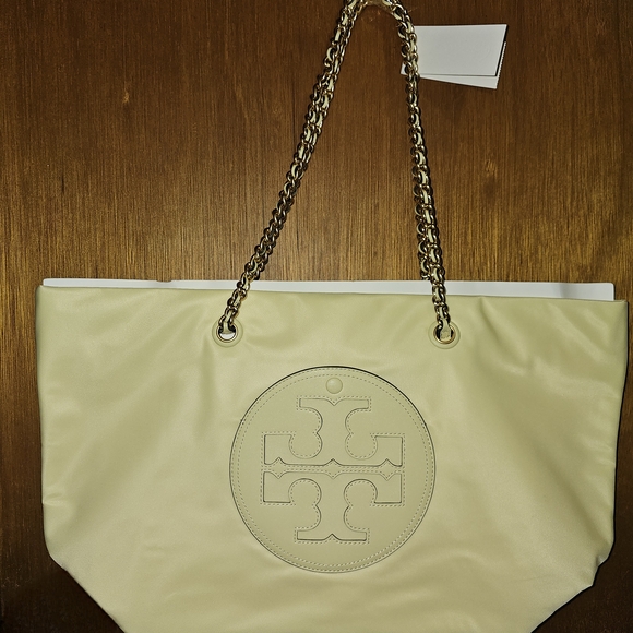 Tory Burch Handbags - Tory Burch Cream Nylon Tote Bag With Gold Chain Straps